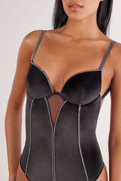 Black Girls Wanna Glisten Rhinestones Detail Lace Bodysuit, Black, large image number 7