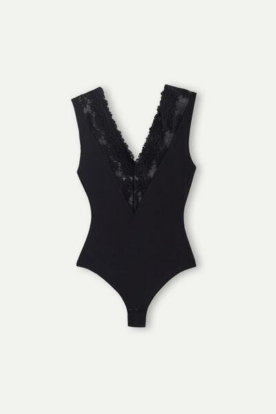 Black Pretty Flower V-Neck Bodysuit, , large image number 2