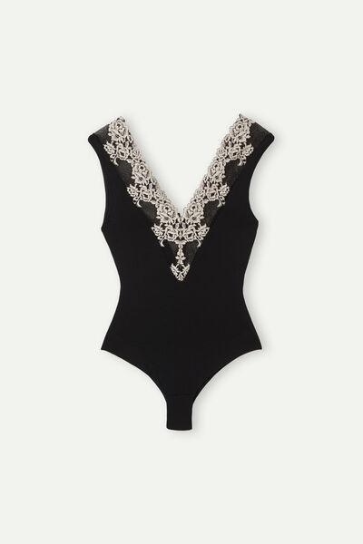 Black Pretty Flower V-Neck Bodysuit, Black/ivory, large image number 2