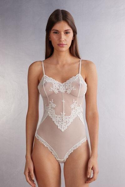 White Pretty Flowers Lace Bodysuit, , medium