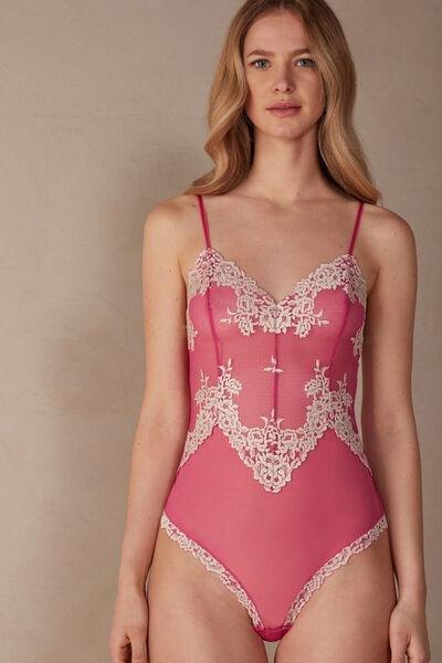 Pink Pretty Flowers Lace And Tulle Bodysuit, , large image number 0