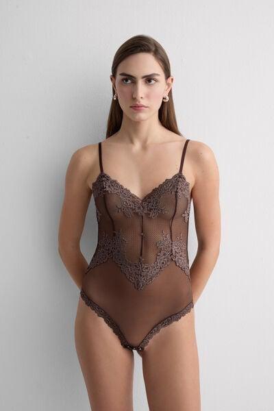 Brown Pretty Flowers Lace And Tulle Bodysuit, 5601_705J, large image number 1