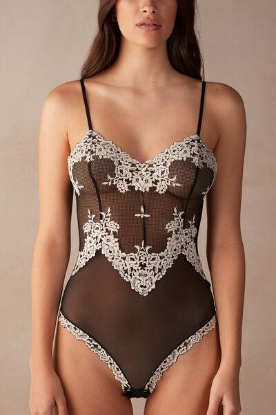 Black Pretty Flower Tulle And Lace Bodysuit, , large image number 0