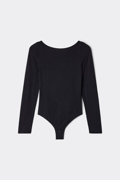 Black Long-Sleeved Backless Fresh Bamboo Bodysuit, Black, large image number 0