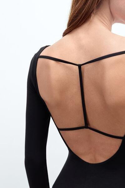 Black Long-Sleeved Backless Fresh Bamboo Bodysuit, Black, large image number 4