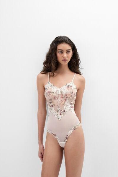 Cream Pretty Flower Print Tulle Bodysuit, 5601_327K, large image number 1