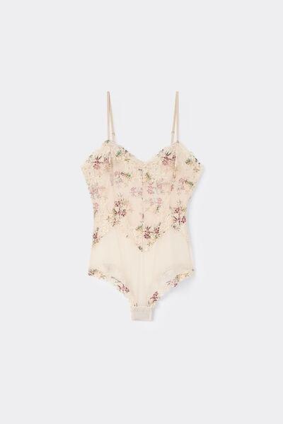 Cream Pretty Flower Print Tulle Bodysuit, 5601_327K, large image number 3