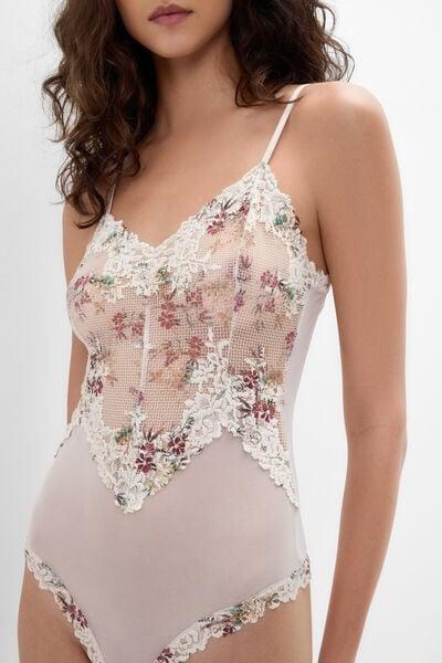 Cream Pretty Flower Print Tulle Bodysuit, 5601_327K, large image number 4