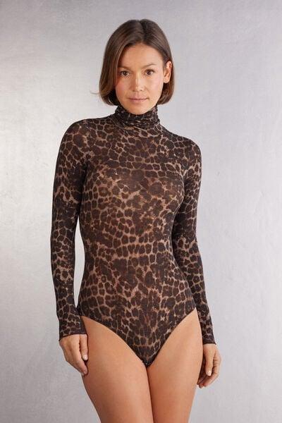 Brown Luxurious Leopard Long Sleeve Bodysuit, 5601_769J, large image number 1