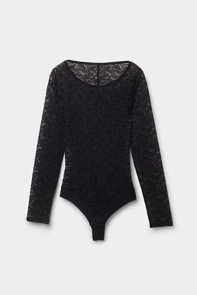 Black Delicate Pieces Long Sleeve Bodysuit, Black, large image number 2