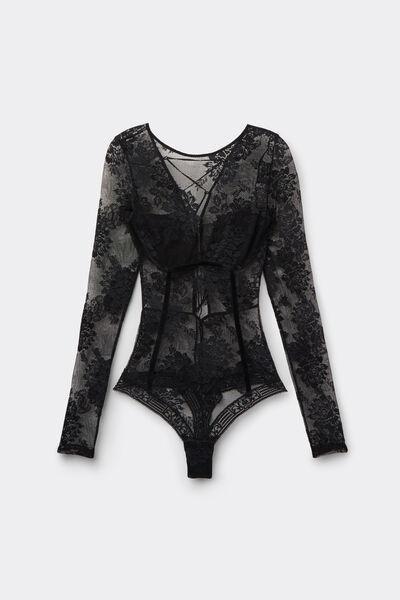 Black La Femme Fatale Long-Sleeved Lace Bodysuit, Black, medium
