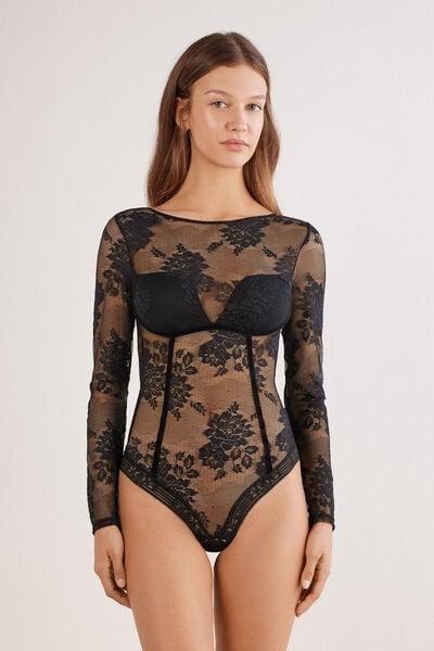 Black La Femme Fatale Long-Sleeved Lace Bodysuit, Black, large image number 3