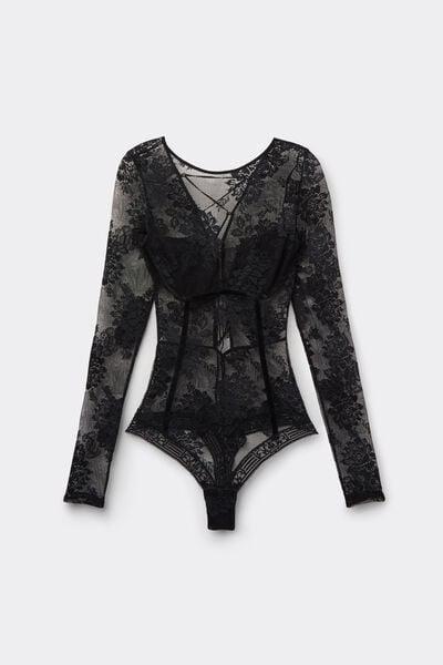 Black La Femme Fatale Long-Sleeved Lace Bodysuit, Black, large image number 6