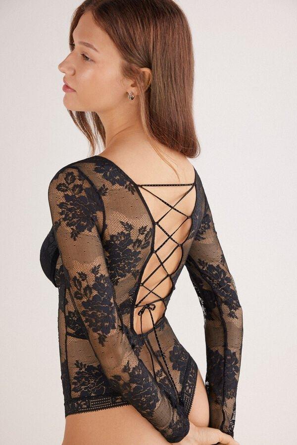 Black La Femme Fatale Long-Sleeved Lace Bodysuit, Black, large image number 10