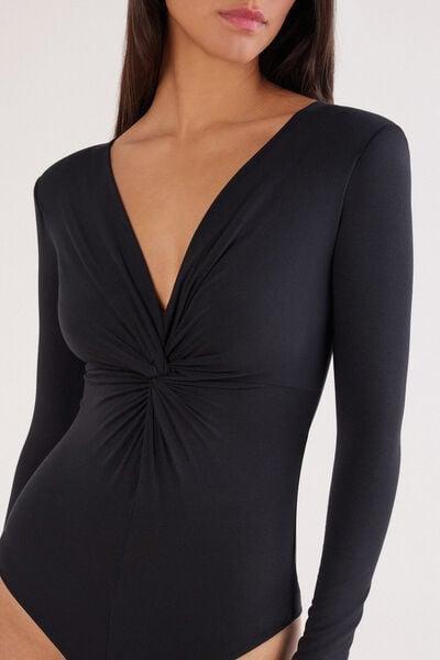 Black Sensual Attitude Long-Sleeved Animal Print Modal Bodysuit, Black, large image number 7