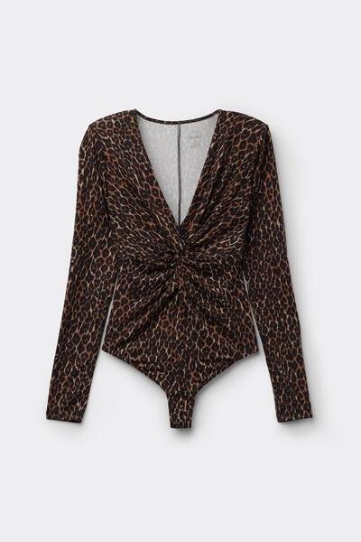 Brown Sensual Attitude Long-Sleeved Animal Print Modal Bodysuit, 5601_030K, large image number 1
