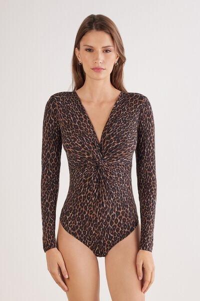 Brown Sensual Attitude Long-Sleeved Animal Print Modal Bodysuit, 5601_030K, large image number 2