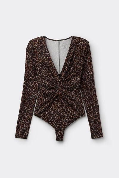 Brown Sensual Attitude Long-Sleeved Animal Print Modal Bodysuit, 5601_030K, large image number 5