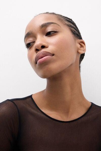 Black Round-Neck Tulle Bodysuit, Black, large image number 5