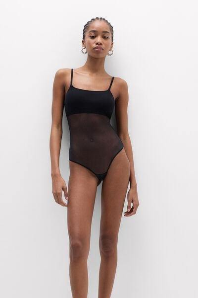 Black Slender Shoulder Straps Tulle Bodysuit, Black, large image number 1