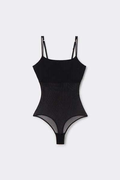 Black Slender Shoulder Straps Tulle Bodysuit, Black, large image number 3