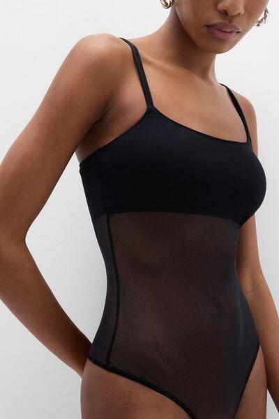 Black Slender Shoulder Straps Tulle Bodysuit, Black, large image number 5