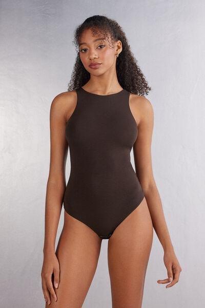 Brown Halter-Neck Bamboo Bodysuit, 5601_705J, medium