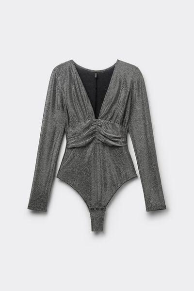 Black Shimmering Passion Long-Sleeved Lamé Bodysuit, 5601_031K, large image number 2