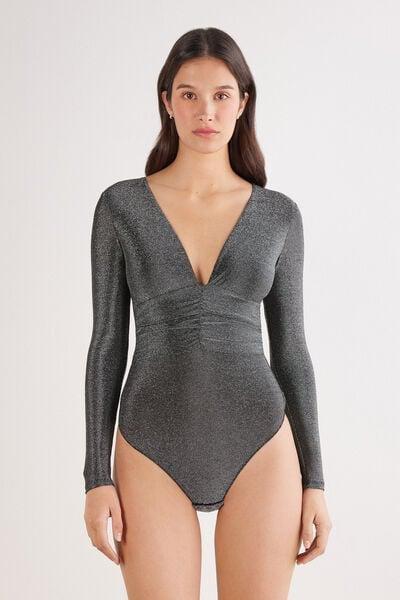 Black Shimmering Passion Long-Sleeved Lamé Bodysuit, 5601_031K, large image number 6