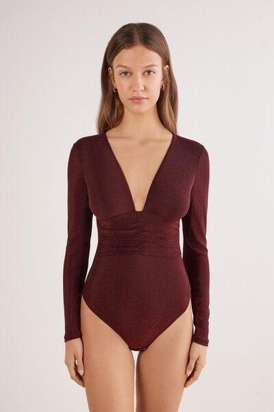 Burgundy Shimmering Passion Long-Sleeved Lam&eacute; Bodysuit, 5601_032K, large image number 3