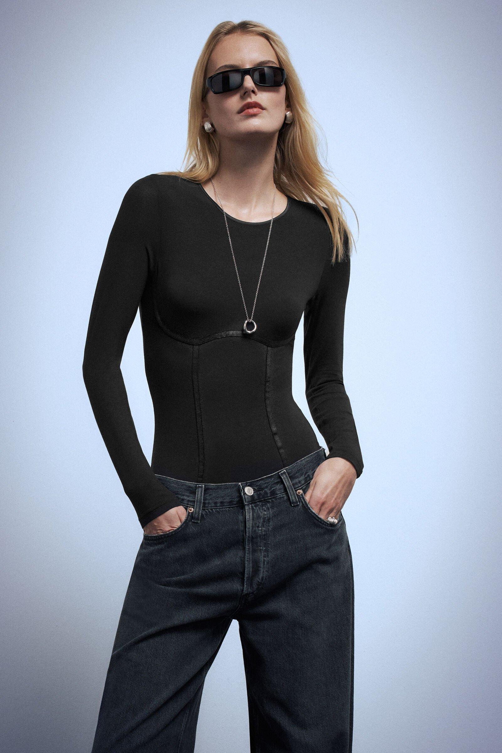 Black Handcrafted Luxury Long-Sleeved Bodysuit, Black, large image number 0