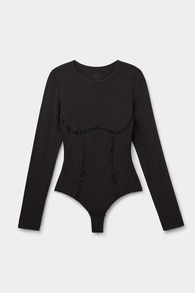 Black Handcrafted Luxury Long-Sleeved Bodysuit, Black, large image number 2