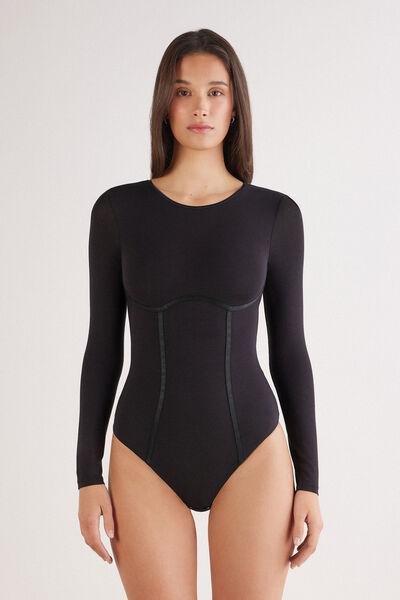 Black Handcrafted Luxury Long-Sleeved Bodysuit, Black, large image number 5