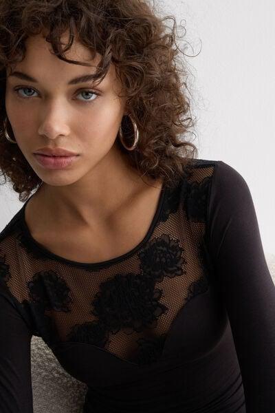 Black Sensual Texture Long-Sleeved Bodysuit, Black, large image number 5