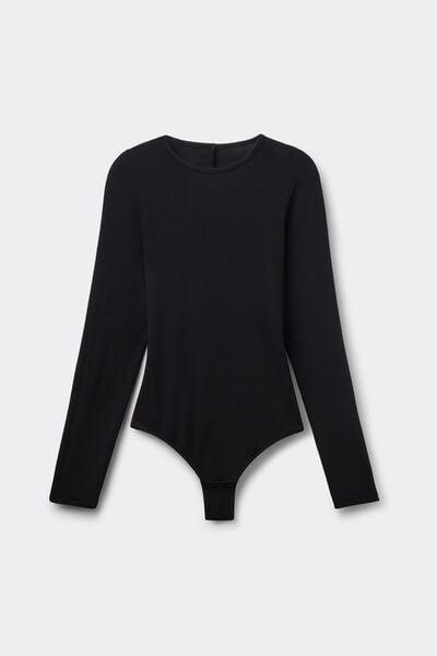 Black Long-Sleeved Backless Modal Bodysuit, Black, large image number 3