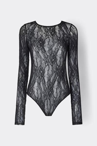 Black Long-Sleeved Stretch Lace Bodysuit, Black, large image number 3