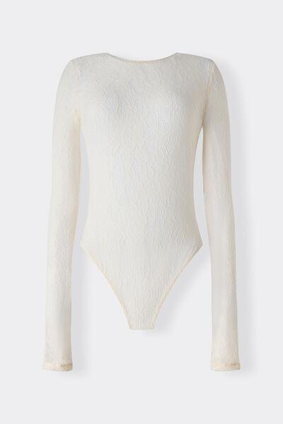 Beige Long-Sleeved Stretch Lace Bodysuit, Natural, medium