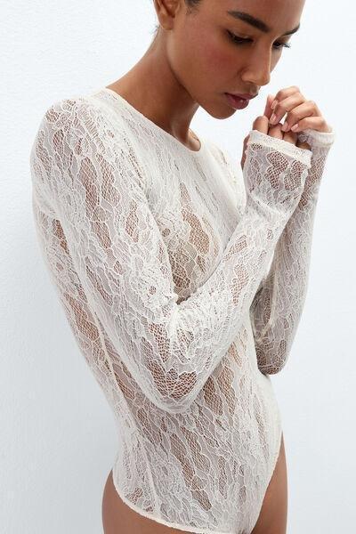 Beige Long-Sleeved Stretch Lace Bodysuit, Natural, large image number 4