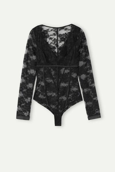 Black Shine High Like Stars Long-Sleeved Lace Bodysuit, , large image number 2