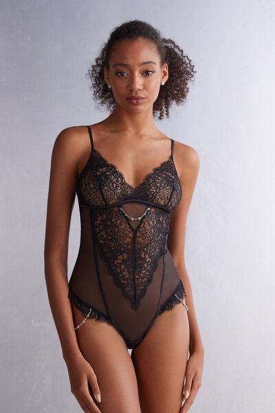 Black Living In Luxe Tulle And Lace Bodysuit, , large image number 0