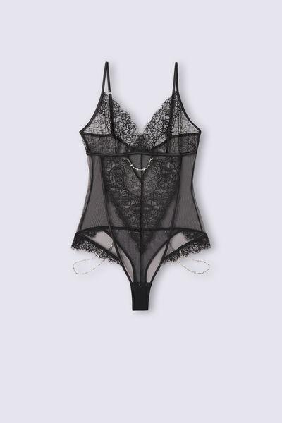 Black Living In Luxe Tulle And Lace Bodysuit, , large image number 2