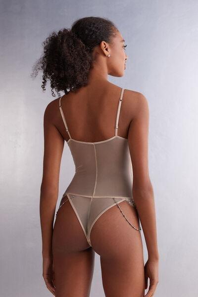Beige Living In Luxe Tulle And Lace Bodysuit, , large image number 3