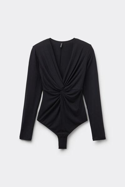 Black Luxurious Leopard V-Neck Bodysuit, Black, large image number 2