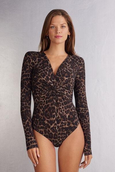 Multicolour V-Neck Luxurious Leopard Bodysuit, , medium