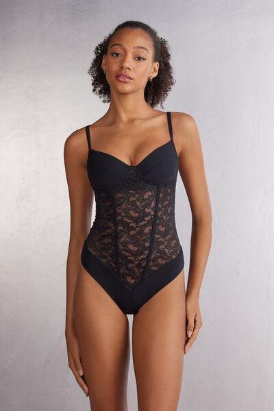 Black Delicate Pieces Lace Bodysuit, , medium