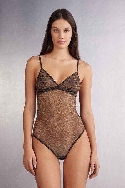 Brown Animal Print Tulle Bodysuitsuit, , medium