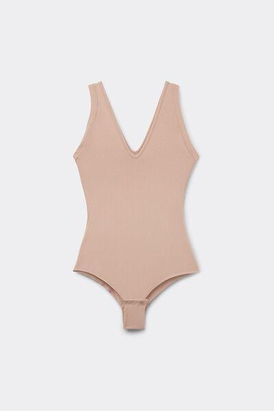 Beige Your Every Wear Ribbed Bodysuit, , large image number 1