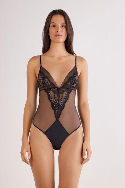 Black Sheer Glamour Tulle And Lace Bodysuit, Black, large image number 0