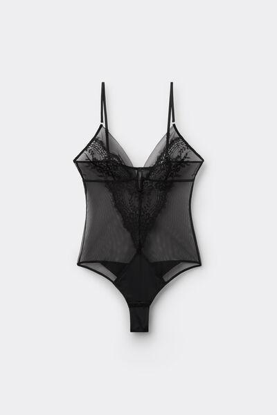 Black Sheer Glamour Tulle And Lace Bodysuit, Black, large image number 2