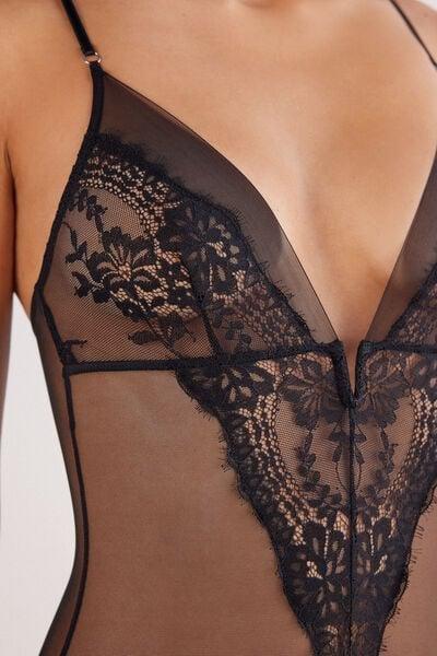 Black Sheer Glamour Tulle And Lace Bodysuit, Black, large image number 9